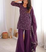 Wine color crunchy silk zari sequince embroidered work anarkali set full stitched.