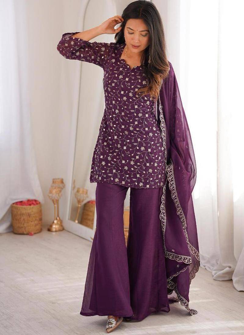Wine color crunchy silk zari sequince embroidered work anarkali set full stitched.
