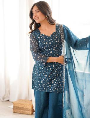 Rama color crunchy silk zari sequince embroidered work anarkali set full stitched 4