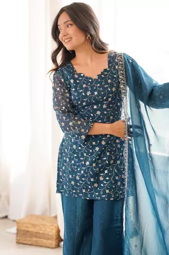Rama color crunchy silk zari sequince embroidered work anarkali set full stitched.