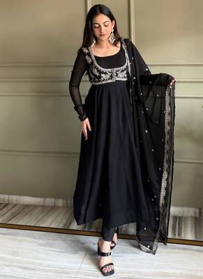 Black faux georgette solid anarkali set full stitched 1