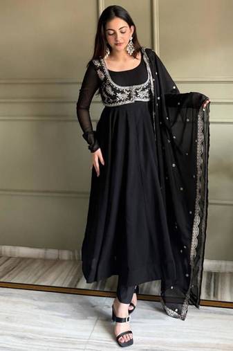 Black color faux georgette solid anarkali set full stitched.