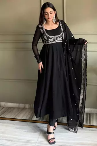 Black color faux georgette solid anarkali set full stitched.