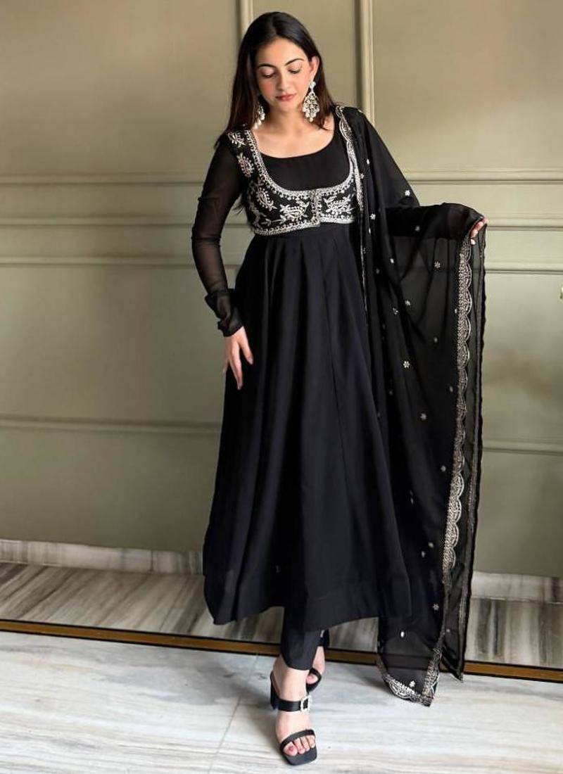 Black color faux georgette solid anarkali set full stitched.