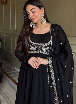 Black faux georgette solid anarkali set full stitched 2