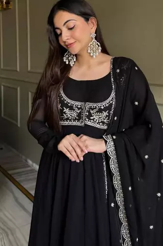 Black color faux georgette solid anarkali set full stitched.