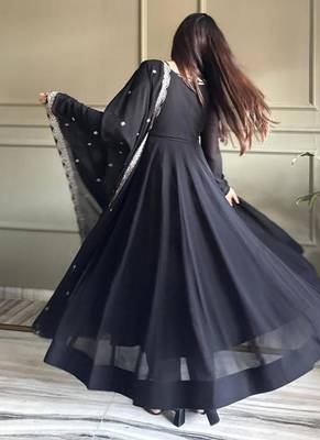 Black faux georgette solid anarkali set full stitched 3