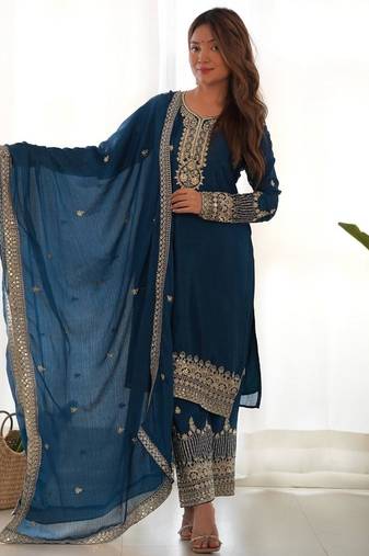 Tealblue color chinnon silk zari sequince embroidered work anarkali set full stitched
