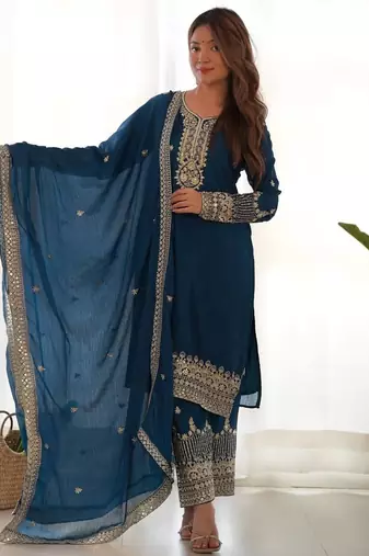 Tealblue color chinnon silk zari sequince embroidered work anarkali set full stitched