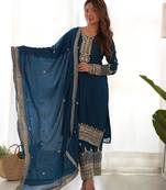 Tealblue color chinnon silk zari sequince embroidered work anarkali set full stitched