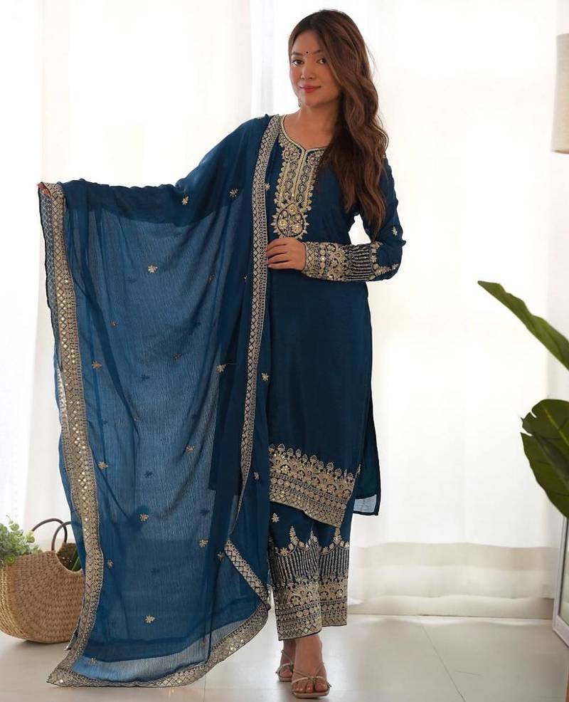 Tealblue color chinnon silk zari sequince embroidered work anarkali set full stitched