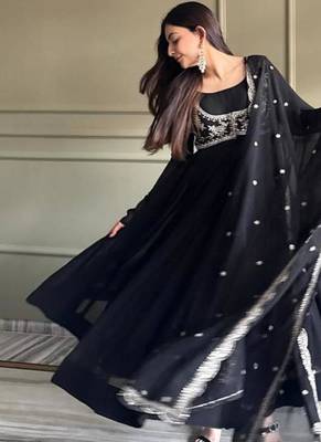 Black faux georgette solid anarkali set full stitched 4