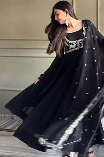 Black color faux georgette solid anarkali set full stitched.