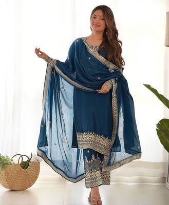 Tealblue chinnon silk zari sequince embroidered work anarkali set full stitched 2