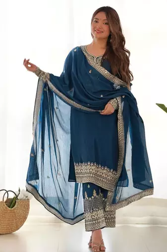Tealblue color chinnon silk zari sequince embroidered work anarkali set full stitched