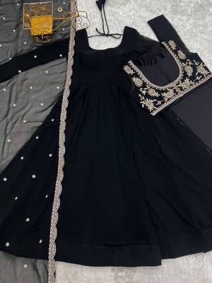 Black faux georgette solid anarkali set full stitched 5