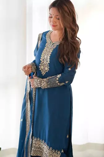 Tealblue color chinnon silk zari sequince embroidered work anarkali set full stitched