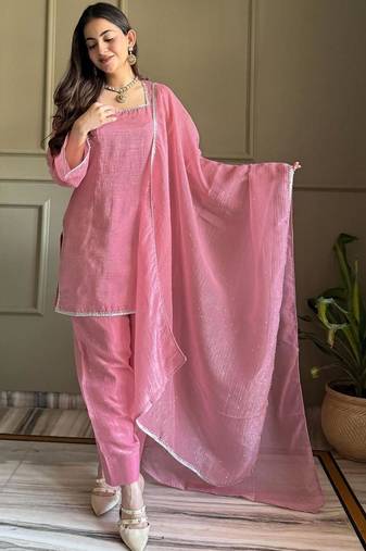 Pink color crunchy silk siroski & lace border work top salwar dupatta full stitched