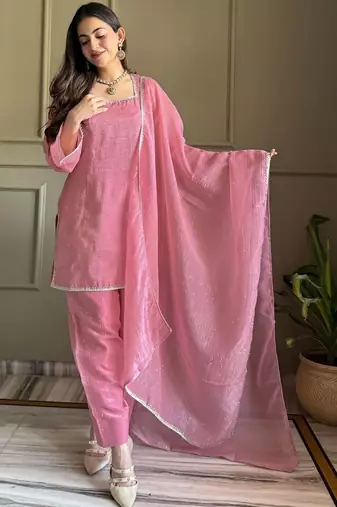 Pink color crunchy silk siroski & lace border work top salwar dupatta full stitched