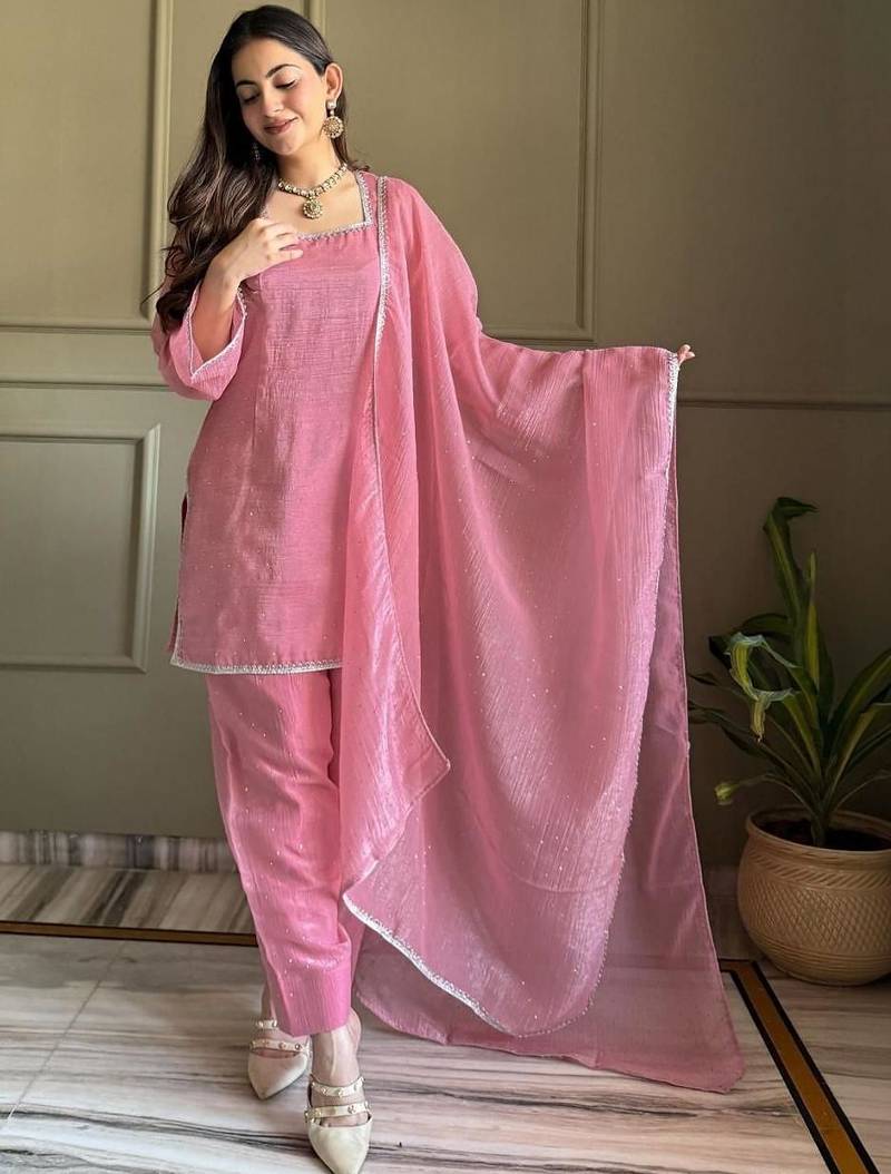 Pink color crunchy silk siroski & lace border work top salwar dupatta full stitched