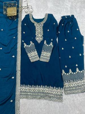 Tealblue chinnon silk zari sequince embroidered work anarkali set full stitched 5