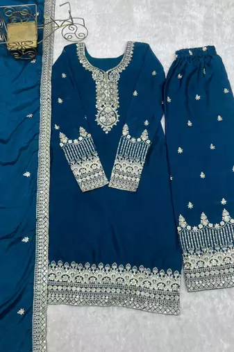 Tealblue color chinnon silk zari sequince embroidered work anarkali set full stitched