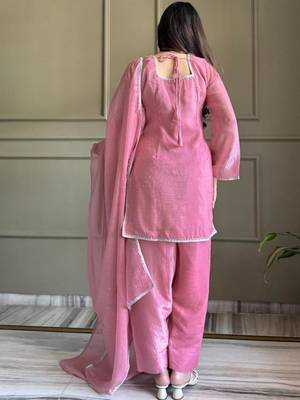 Pink color crunchy silk siroski & lace border work top salwar dupatta full stitched 2