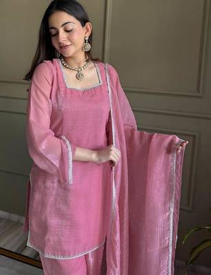 Pink color crunchy silk siroski & lace border work top salwar dupatta full stitched 3
