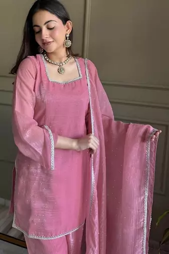 Pink color crunchy silk siroski & lace border work top salwar dupatta full stitched