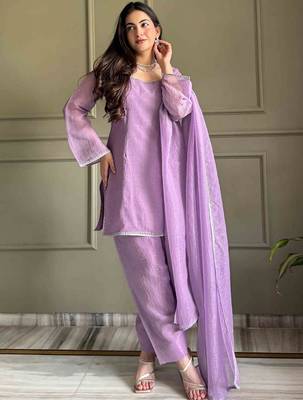 Levender color crunchy silk siroski & lace border work top salwar dupatta full stitched 1