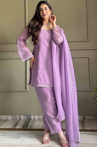 Levender color crunchy silk siroski & lace border work top salwar dupatta full stitched