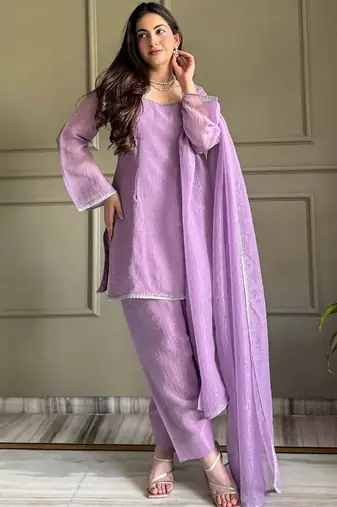 Levender color crunchy silk siroski & lace border work top salwar dupatta full stitched