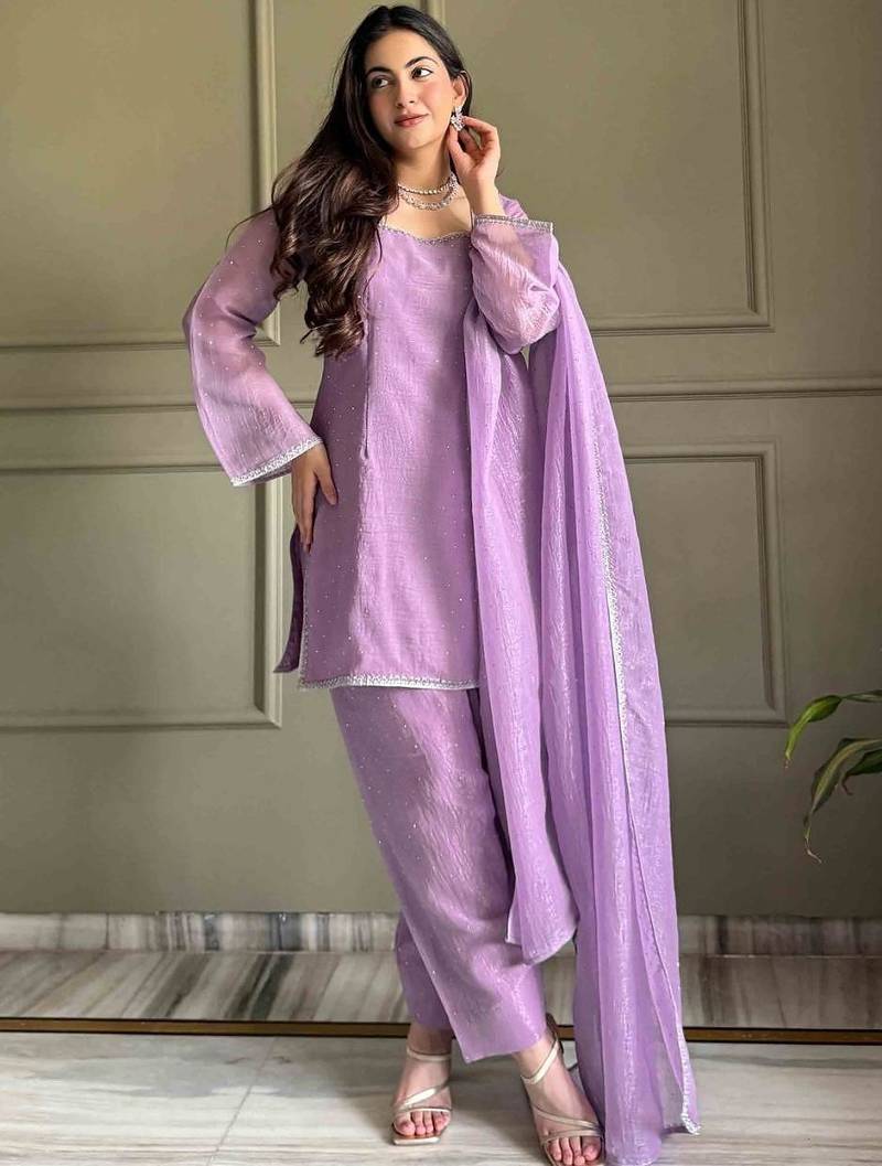 Levender color crunchy silk siroski & lace border work top salwar dupatta full stitched