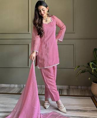 Pink color crunchy silk siroski & lace border work top salwar dupatta full stitched 4