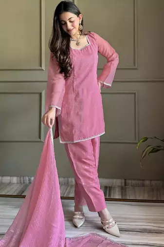 Pink color crunchy silk siroski & lace border work top salwar dupatta full stitched