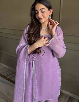 Levender color crunchy silk siroski & lace border work top salwar dupatta full stitched 2