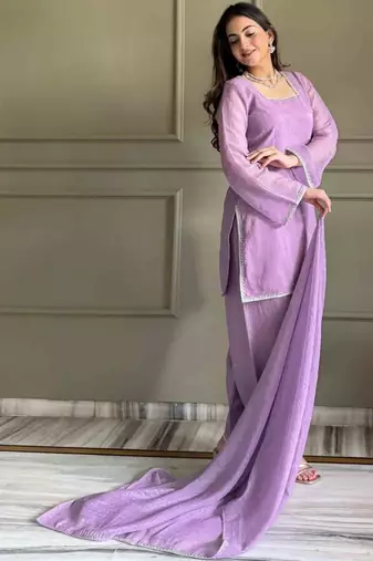 Levender color crunchy silk siroski & lace border work top salwar dupatta full stitched