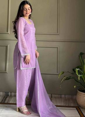 Levender color crunchy silk siroski & lace border work top salwar dupatta full stitched 4