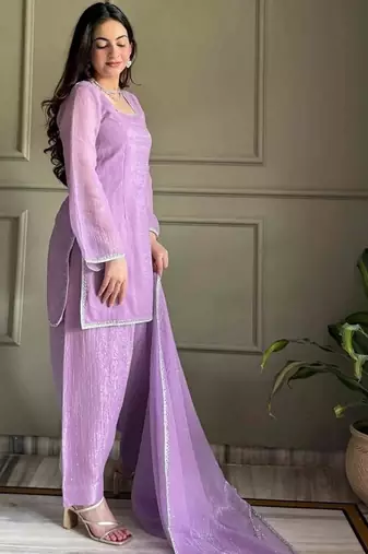 Levender color crunchy silk siroski & lace border work top salwar dupatta full stitched
