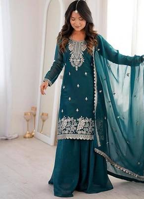 Tealblue crunchy silk thread zari sequince embroidered work anarkali set full stitched 1