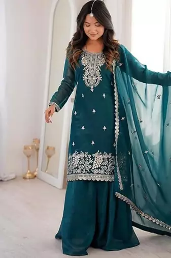 Tealblue color crunchy silk thread zari sequince embroidered work anarkali set full stitched.