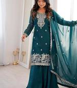 Tealblue color crunchy silk thread zari sequince embroidered work anarkali set full stitched.