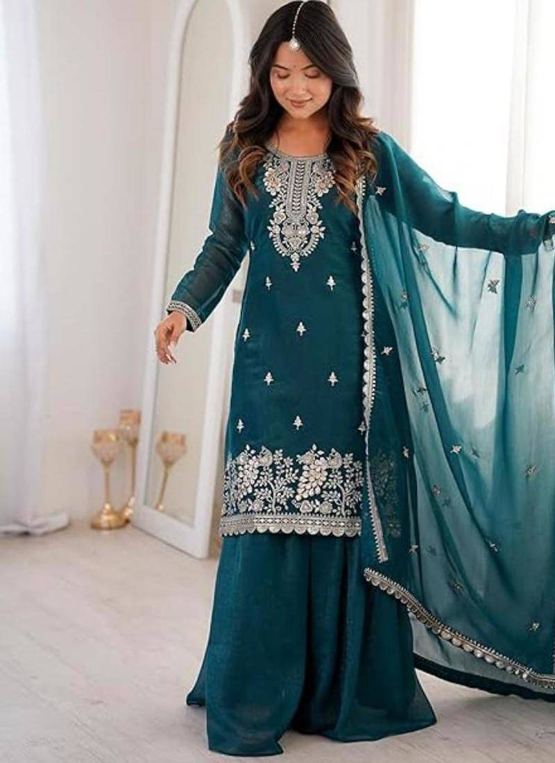Tealblue color crunchy silk thread zari sequince embroidered work anarkali set full stitched.