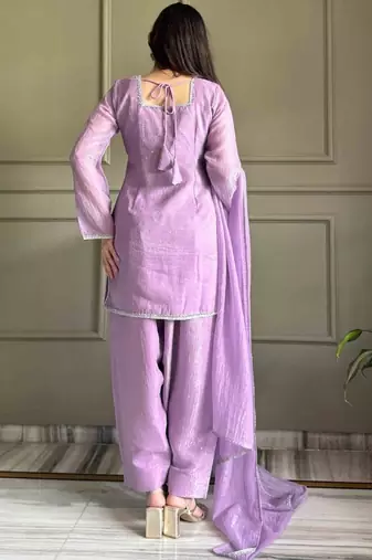 Levender color crunchy silk siroski & lace border work top salwar dupatta full stitched