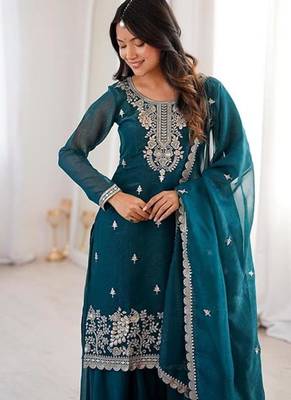 Tealblue crunchy silk thread zari sequince embroidered work anarkali set full stitched 2