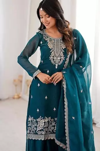 Tealblue color crunchy silk thread zari sequince embroidered work anarkali set full stitched.