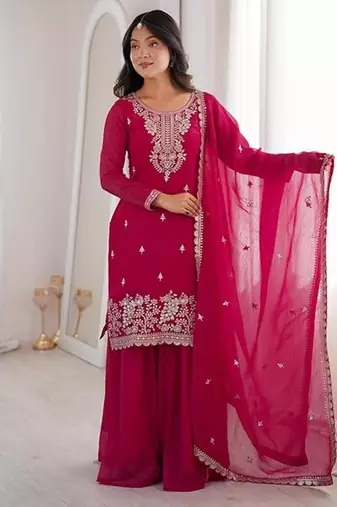 Pink color crunchy silk thread zari sequince embroidered work anarkali set full stitched.
