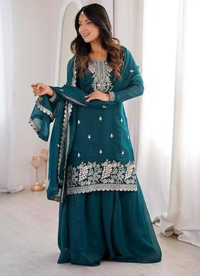 Tealblue crunchy silk thread zari sequince embroidered work anarkali set full stitched 3