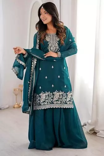 Tealblue color crunchy silk thread zari sequince embroidered work anarkali set full stitched.