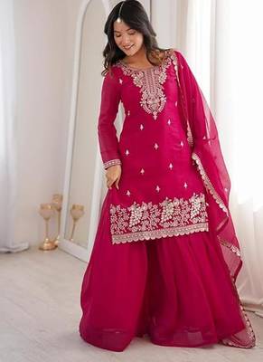 Pink color crunchy silk thread zari sequince embroidered work anarkali set full stitched 2